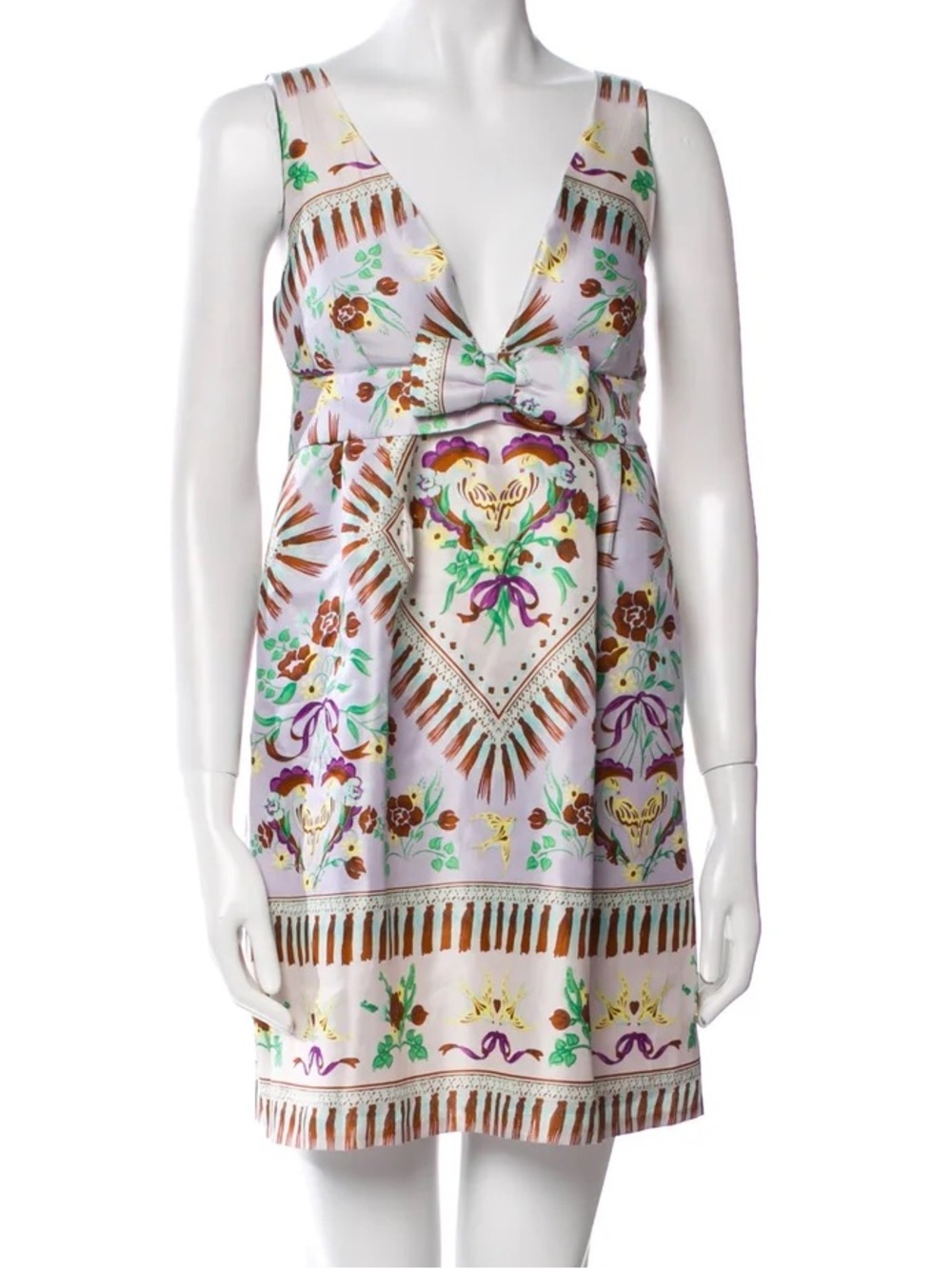 MANOUSH silk printed tropical mini dress sleeveless bow-front $495 - Picture 3 of 7